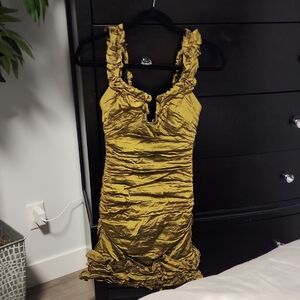 BCBGMaxAzria Metallic Olive Ruffle Dress Size Small